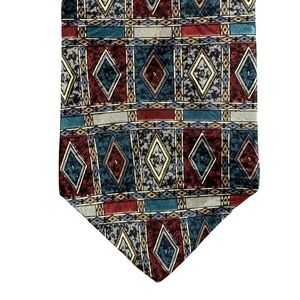 JG Hook Silk Necktie Mens Geometric Diamond Pattern Burgundy Teal USA Made 1419